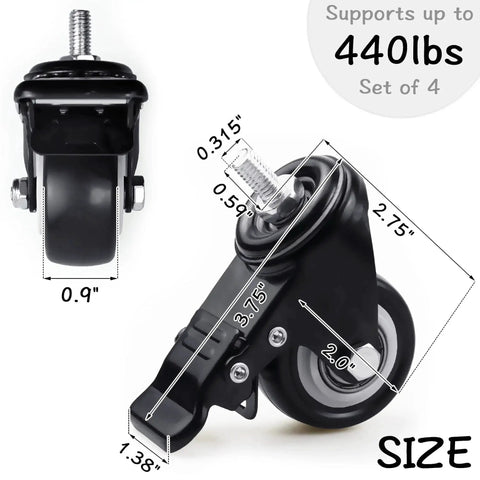2 Inch Swivel Caster Wheels Set Of 12 With M8 Threaded Stem 15mm For Cart Desk Furniture shown with size dimensions and weight support