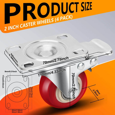 2 Inch Heavy Duty Caster Wheels Set of 4 Swivel Castor Wheels with Dual Locking Brakes Silent Polyurethane PU Wheels dimensions