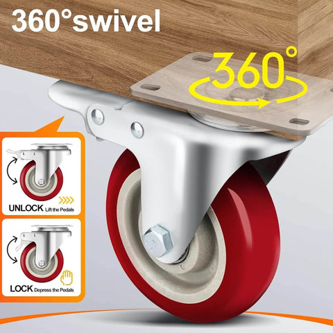 Close-up of 2 Inch Heavy Duty Caster Wheels Set of 4 Swivel Castor Wheels with Dual Locking Brakes showing 360-degree rotation feature.