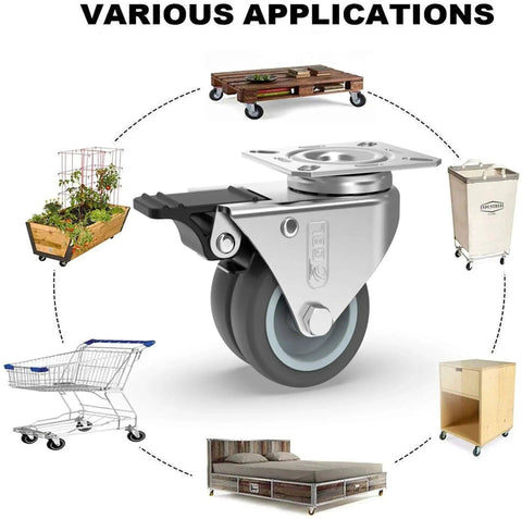2 Inch Heavy Duty Swivel Casters Set Of 4 With 2 Locking Brakes, Screws Included, shown with various applications including furniture and equipment.