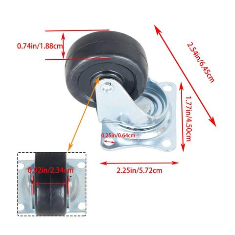 2 Inch Swivel Caster Wheels With Rubber Base And Top Plate Bearing, side view showing dimensions of wheel and plate.