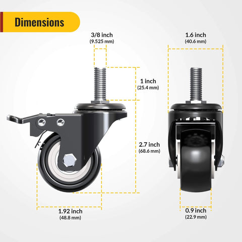 Dimensions diagram of 2 Inch Stem Caster Wheels Total Locking Set of 8 Heavy Duty Swivel Casters with steel housing and PVC wheels in black.