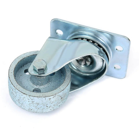 Close-up view of a 2 Inch Heavy Duty All Steel Swivel Plate Caster Wheel, High Gauge Gray Metal with Double Ball Bearings, 360 Degree Rotation.