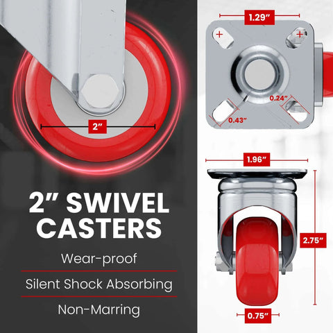 Close-up of 2 inch swivel plate caster wheels with red polyurethane, no brake casters designed for furniture and carts.