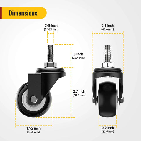 2 Inch Caster Wheels Set of 4 No Brake Swivel Casters with 3/8 Inch 16 x 1 Threaded Stem Heavy Duty Steel Housing Silent PVC Wheels Black dimensions