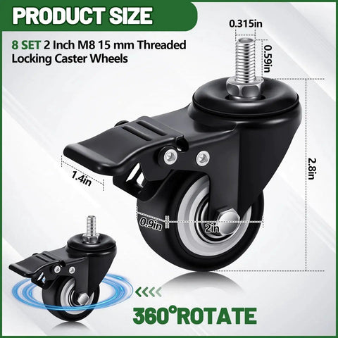 Set Of 8 M8 Caster Wheels 2 Inch Swivel Threaded Stem With Dual Brake Heavy Duty 360 Degree Polyurethane Noise Free Locking