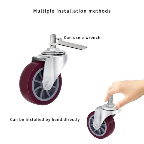 2 Inch Threaded Stem Casters Set Of 4 Heavy Duty Polyurethane Industrial Castors Wheels For Cart, Furniture And Workbench, 360 Degree Swivel, Quiet Rolling, 200 Lb Per Caster, Over 800 Lb Per Set, 0.39 Inch Screw Diameter, 0.59 Inch Stem Length, installation view with hand and wrench
