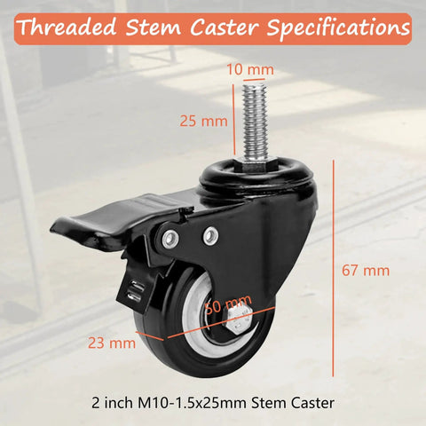 2 Inch Stem Caster Set Of 4 Threaded M10 25 mm Stems Quiet Brakes Industrial Polyurethane Wheels with dimensions labeled