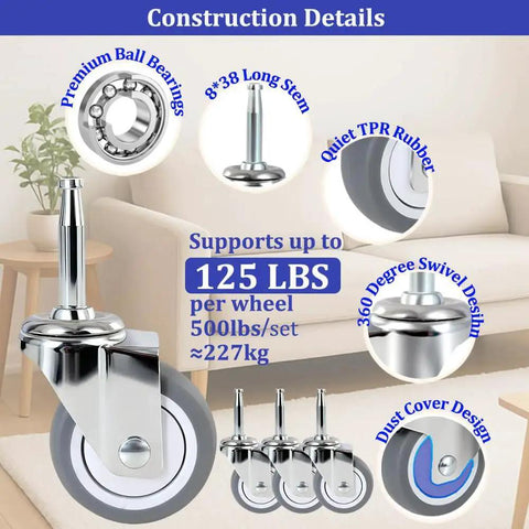Two Inch Wet Dry Vacuum Replacement Casters Set Of Four With Five Sixteenth Inch By One And One Half Inch Stem TPR Rubber Swivel Castors With Ball Bearing High Load Capacity for furniture, shown in detail with bearings and design features.