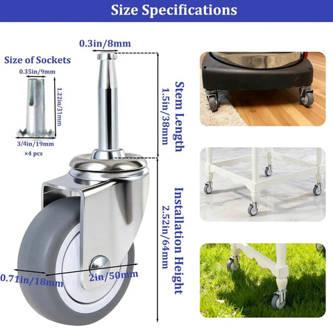 Two Inch Wet Dry Vacuum Replacement Casters Set Of Four With Five Sixteenth Inch By One And One Half Inch Stem TPR Rubber Swivel Castors with size specifications