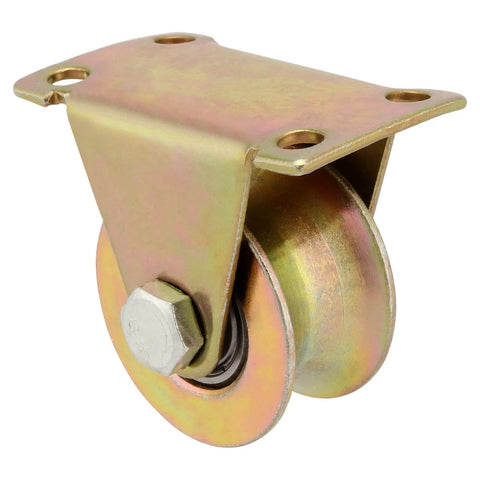 Gold galvanized steel U-type groove wheel and rigid caster with bracket, part of a 10 Pack 2 Inch U Groove Wheel Pulley for sliding gates.