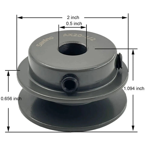 Two Inch V Belt Pulley Heavy Duty With One Half Inch Bore, cast iron, dimension labels, rust-resistant finish, not for toothed belts.