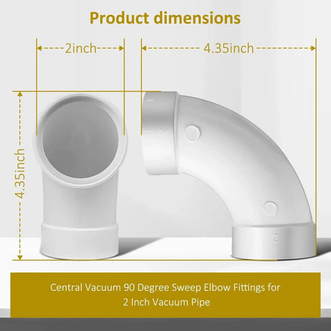 Two Pack Central Vacuum 90 Degree Elbow Fittings for 2 Inch Vacuum Pipe, dimensions shown, white durable plastic