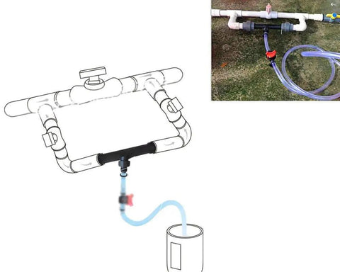 Installation diagram and photo of 2 Inch Venturi Fertilizer Injector for irrigation systems in a drip and sprinkler setup.