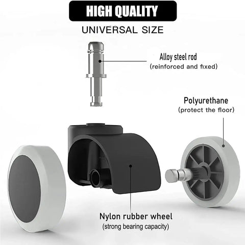 2 Inch Universal Office Chair Wheels Set Of 5 Heavy Duty Rubber Casters White No Noise Polyurethane with alloy steel stem details