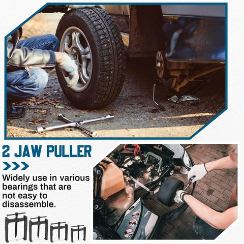 Heavy Duty 4 Piece 2 Jaw Gear Puller Set Built To Last Carbon Steel Adjustable Removal Tool For Pulleys Flywheels Bearings And Gears in use on car wheel and engine.