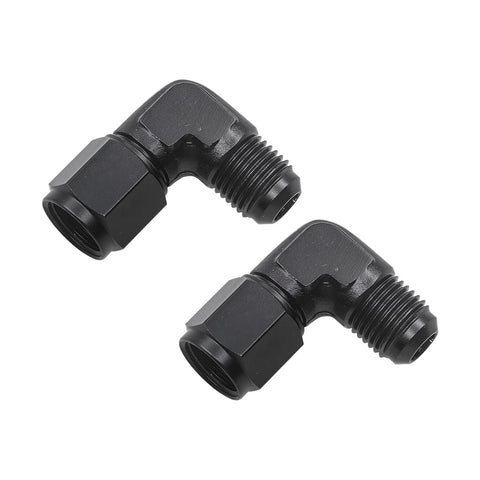 Two black aluminum 6AN female to 3/8 barb 90-degree hose swivel fittings