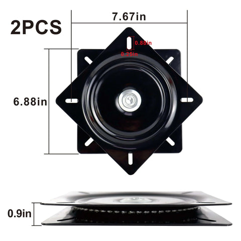 2 Pack 7 Inch Square Lazy Susan Turntable Bearings, Heavy Duty Zinc Plated Swivel Hardware, top and side view with measurements