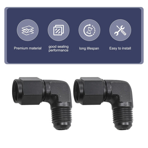 Two WZP 6AN female to 3/8 barb 90-degree hose fittings, aluminum, black