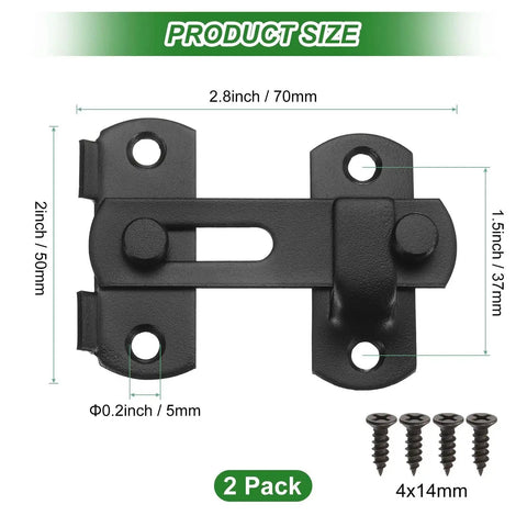 Product size details of 2 Pack Flip Latch Gate Latch Set 3 Inch Stainless Steel Flip Sliding Barn Door Lock with screws, matte black.