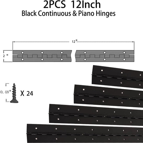 Diagram of 2-Pack 12-Inch Black Stainless Steel Heavy Duty Continuous And Piano Hinges with pre-drilled holes and screws.