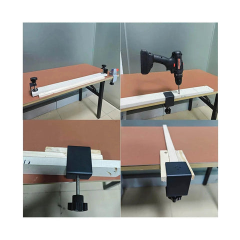 2 Pack Heavy Duty C Clamps With Wide Jaws securing shelf panel for woodworking on desk, close-up of twist-lock system and steel construction.