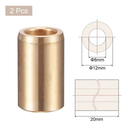 2 Pack Cast Brass Self Lubricating Sleeve Bearings With 8mm Bore 12mm OD And 20mm Length shown with dimensional diagram