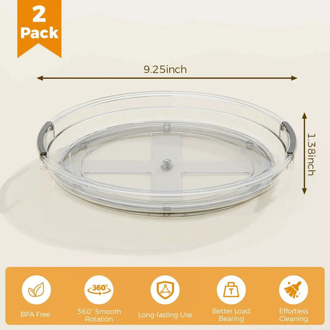 Two Pack 9.25 Inch Lazy Susan Organizer Turntable showing dimensions and features