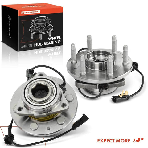 2 Pack Front Wheel Bearing and Hub Assembly for 4WD Chevy Silverado Sierra SUVs with 6 Lug and ABS Sensor, shown with packaging