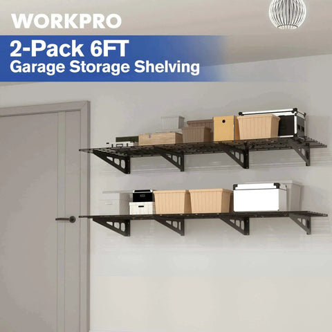 Installed 2-Pack 6ft Garage Wall Shelving System with 72-Inch by 24-Inch heavy duty metal shelves loaded with storage boxes.