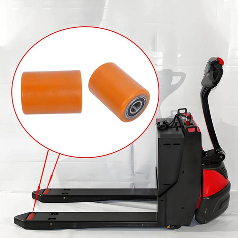 2 Pack Load Wheel Kit Compatible with Raymond Model 8210 Electric Pallet Jack shown with pallet jack