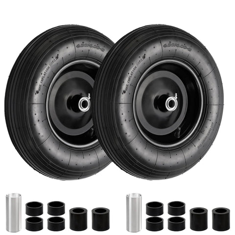 ✝️ (2 pack) 4.80/4.00-8 tire and wheel, 16" pneumatic wheelbarrow tires with 3" centered hub and 3/4" bearings, shown with adapters