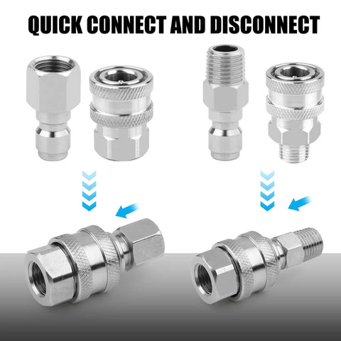 2-pack stainless steel pressure washer quick-connect fittings, 1/4 in NPT male and female adapters.