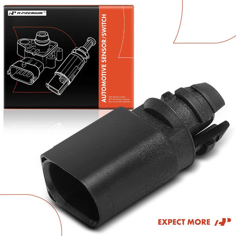 A-Premium air temperature sensor with 2-pin connector, black plastic automotive part, box visible.