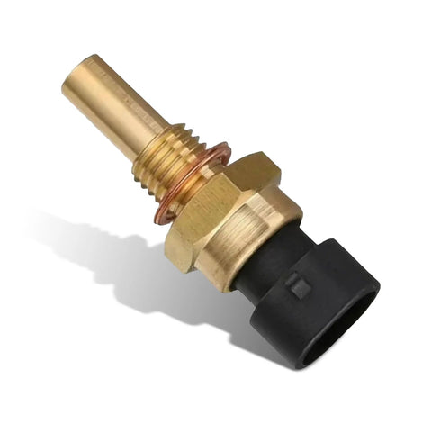MLY coolant temperature sensor, brass threaded body with 2-pin black connector, angled side view