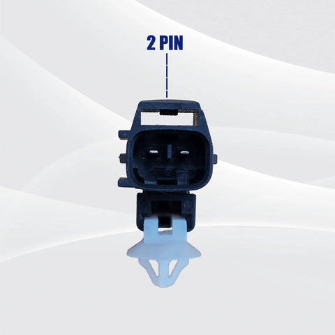 Ambient air temperature sensor connector, 2-pin, black plastic housing with blue mounting clip.