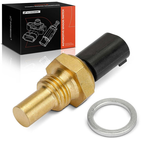 A-Premium 2-pin engine coolant temperature sensor with brass threaded body, black connector, and washer.
