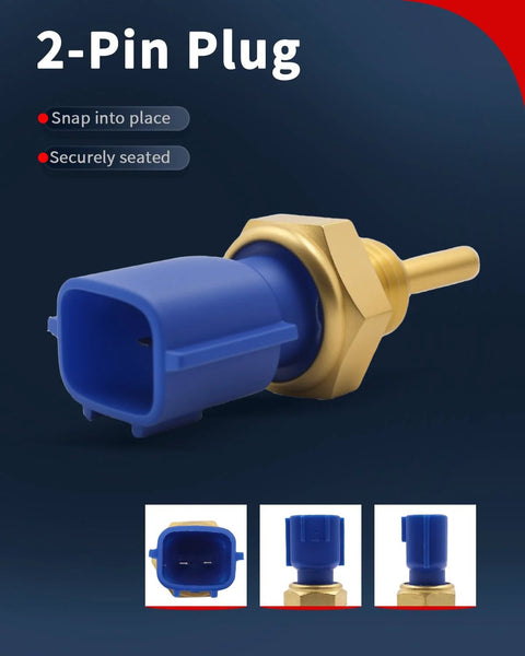 Engine coolant temperature sensor with blue 2-pin plug and brass hex body