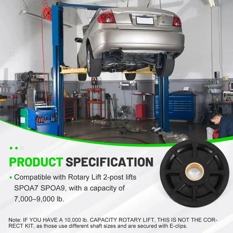 Car on 2-post lift with 2-Post Lift Upper Pulley Sheave Kit For Rotary Lift SPOA7 SPOA9 7,000 To 9,000 Lb Capacity shown
