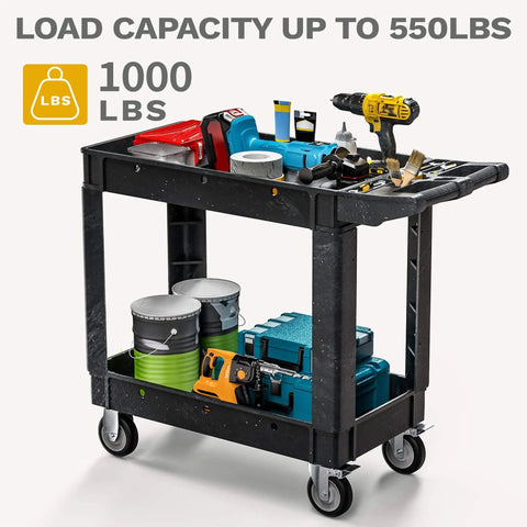 Heavy Duty Plastic Utility Cart On Wheels With 1000 Lb Capacity And 2 Shelves DWVO Rolling Service Cart loaded with tools