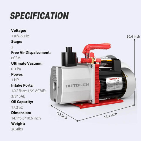 Specification details of 2-Stage 8CFM Vacuum Pump, 1HP 2.25 Micron 110V Air for R12 R22 R134a R410a, shown with dimensions and ports.