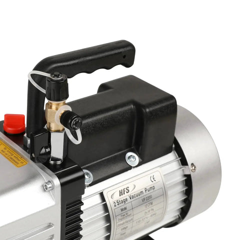 Close-up of High-Performance 2-Stage Rotary Vane Vacuum Pump with 12 CFM Flow Rate and 1 HP Motor for 110V Use showing handle and inlets