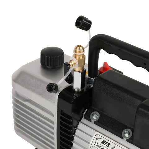 Close-up of High-Performance 2-Stage Rotary Vane Vacuum Pump with 12 CFM Flow Rate and 1 HP Motor for 110V, showing dual SAE inlets.