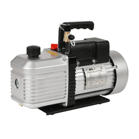 High-Performance 2-Stage Rotary Vane Vacuum Pump with 12 CFM Flow Rate and 1 HP Motor for 110V Use, featuring compact silver design.