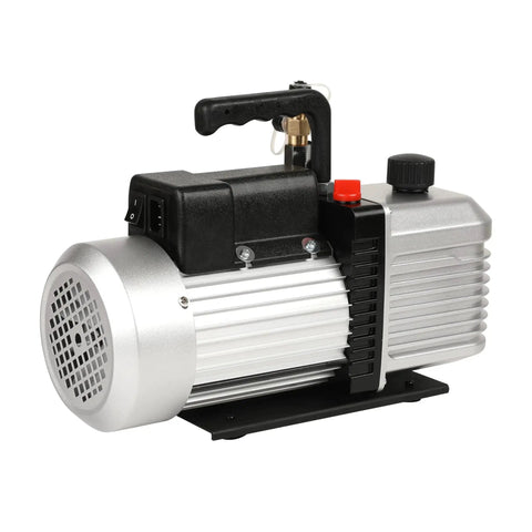High-Performance 2-Stage Rotary Vane Vacuum Pump with 12 CFM Flow Rate and 1 HP Motor for 110V Use, compact silver and black design