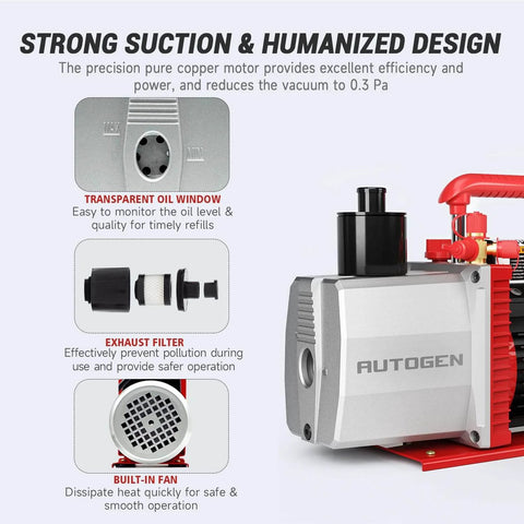 2-Stage 8CFM Vacuum Pump, 1HP 2.25 Micron 110V Air for R12 R22 R134a R410a, Rotary Vane for HVAC and Auto AC, side view with features