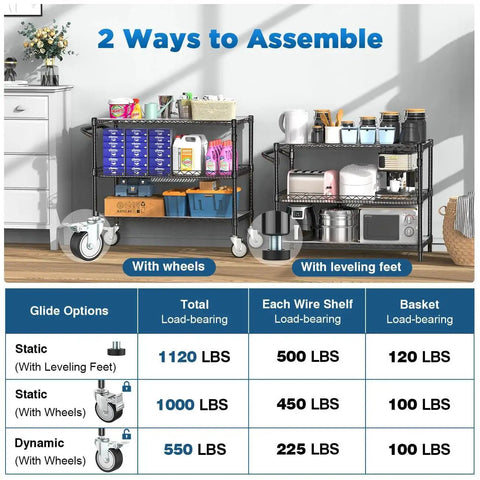 Heavy Duty Rolling Utility Cart With Wheels For Kitchen And Restaurant Use Kitchen Workhorse 45 Inch NSF Certified Commercial Grade Steel Cart 1120 Lbs Capacity With Handle And Shelf Liners Black Leteuke shown assembled with wheels and leveling feet for varied load capacities.
