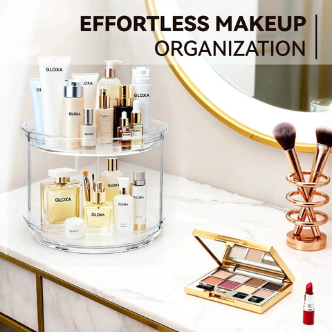 Clear 2 Tier Lazy Susan Turntable Organizer holding makeup on vanity, 9.25 inch rotating storage for bathroom and countertop