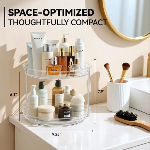 2 Tier Lazy Susan Turntable Organizer with toiletries on a bathroom vanity, 9.25 inch rotating spice rack for kitchen pantry.