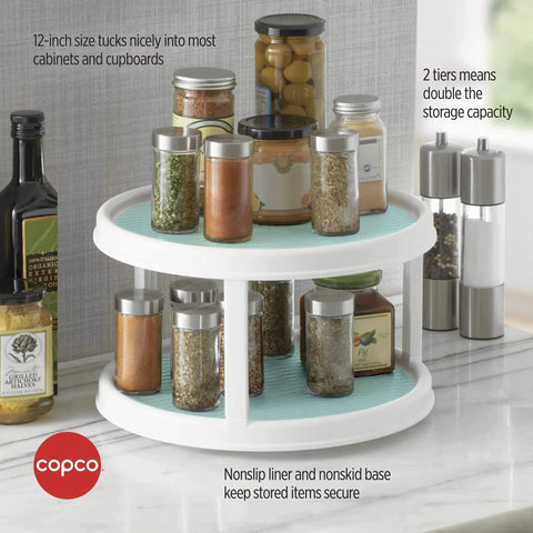 Non-Skid 2-Tier Turntable 12-Inch Lazy Susan Organizer with jars on countertop showing smooth-glide rotation and nonskid liner.
